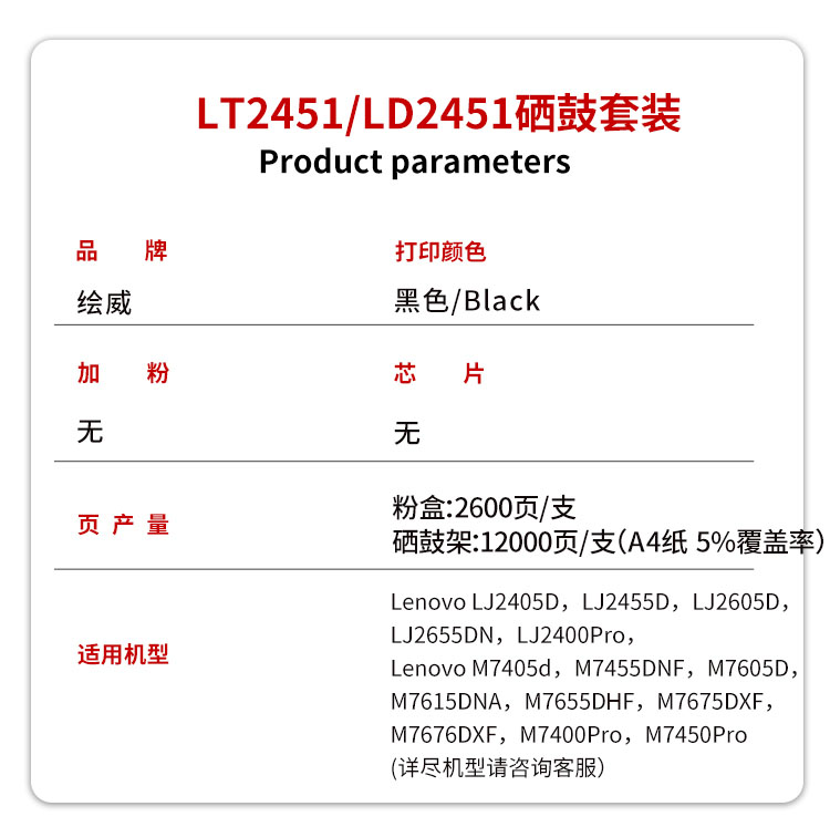绘威LT/LD2451硒鼓套装 适用联想LJ2605D 2655DN 2405D M7400pro M7605D M7615DNA M7455DNF M7655墨盒