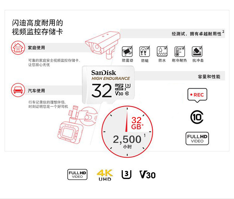 闪迪（SanDisk）SDSQQNR-032G-ZN6IA 存储卡 行车记录仪&安防监控 高度耐用 家庭监控的上佳选择