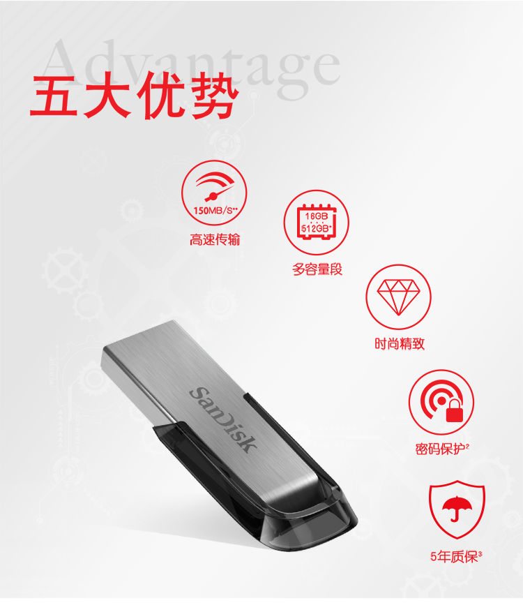 闪迪 (SanDisk)128GB USB3.0 U盘 CZ73酷铄 银色 读速150MB/s 金属外壳 内含安全加密软件