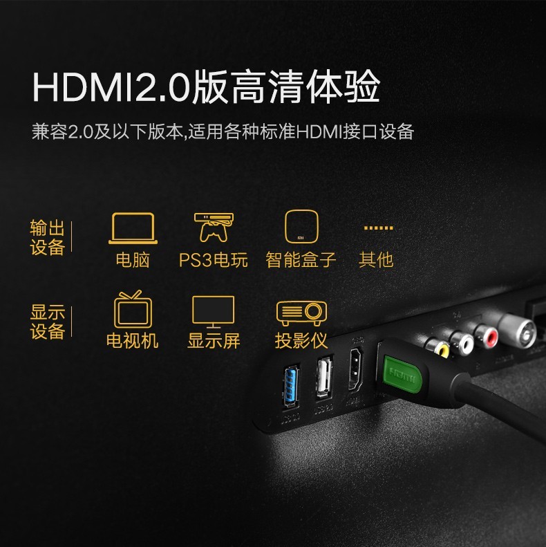 绿联hdmi高清线 2.0版笔记本电视机投影仪连接线 HD101 绿头圆线 3米 40463