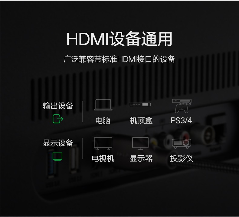 绿联 HD131高清2.0版4K电脑电视连接数据线转换线 深空灰-HD2.0版 10米 50112