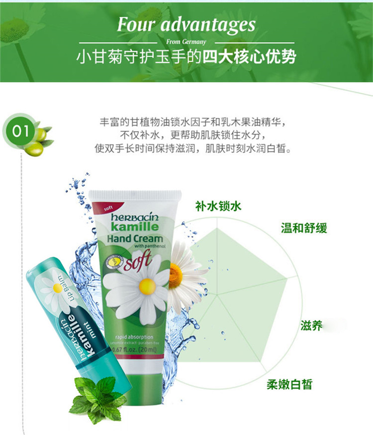 HERBACIN贺本清小甘菊补水保湿滋润男女适用手霜薄荷修护唇膏+经典护手霜(软管)