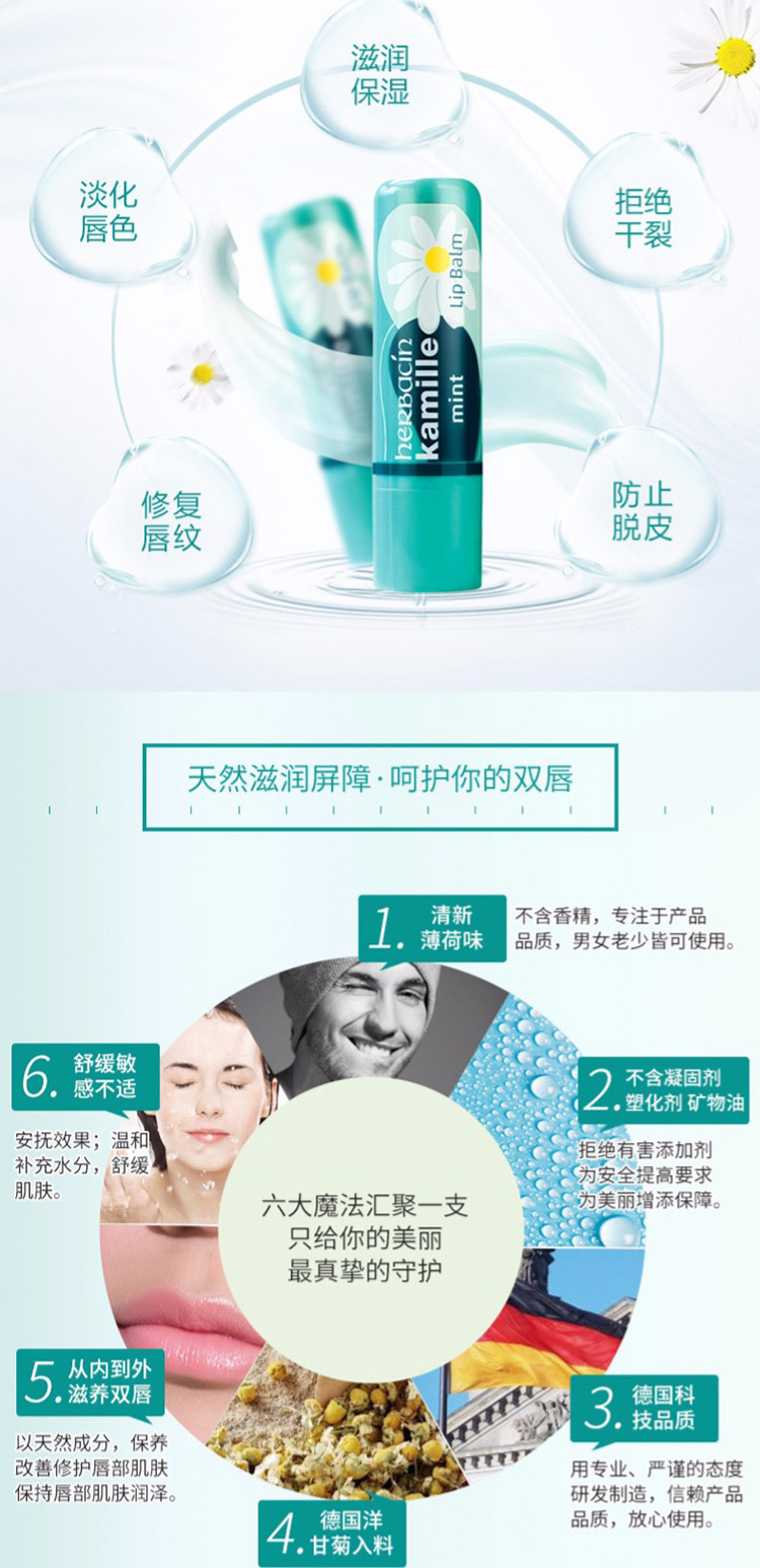 HERBACIN贺本清小甘菊补水保湿滋润男女适用手霜薄荷修护唇膏+经典护手霜(软管)