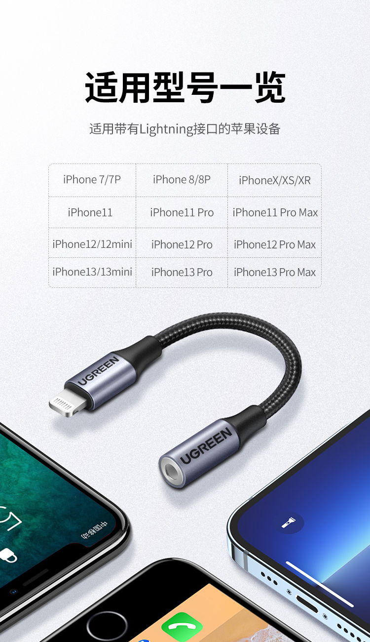 绿联 苹果耳机转接头 MFi认证音频转换器数据线 通用iPhone手机 lightning转3.5MM音频转接线 30756