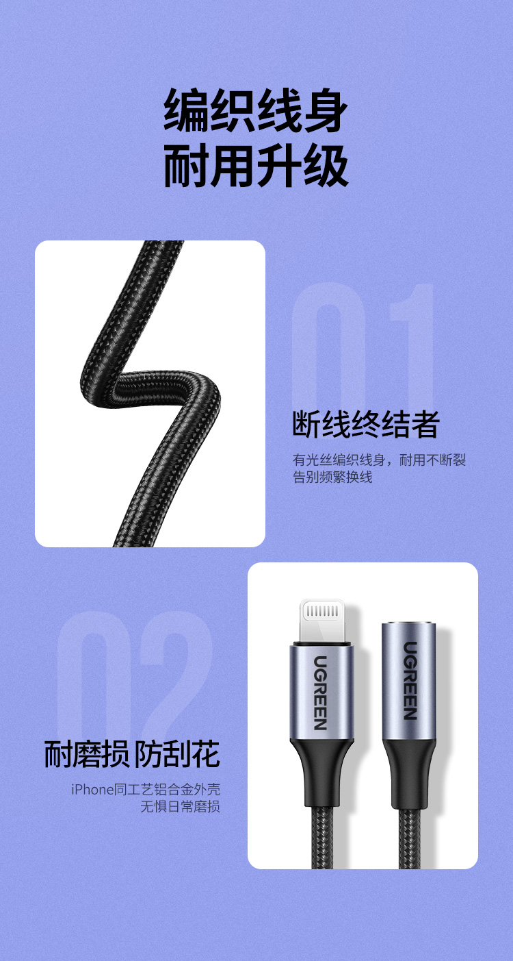 绿联 苹果耳机转接头 MFi认证音频转换器数据线 通用iPhone手机 lightning转3.5MM音频转接线 30756
