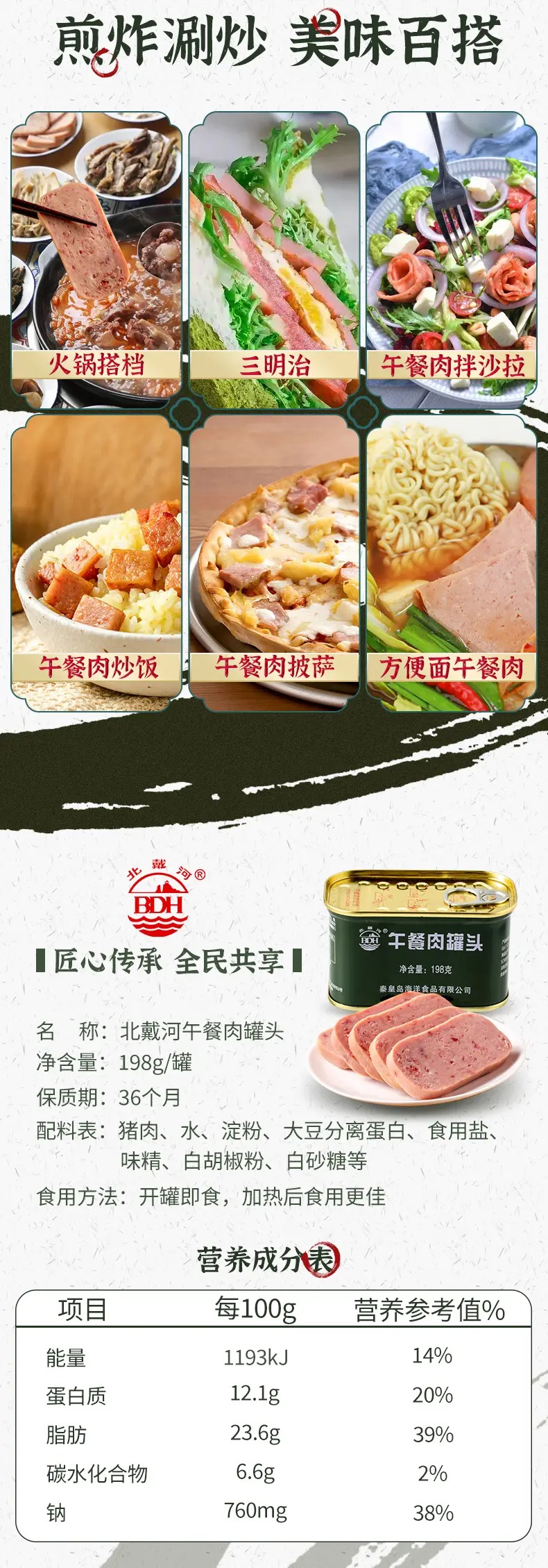 北戴河午餐肉罐头熟食户外方便食品下饭菜速食火锅搭档午餐肉198g*3罐