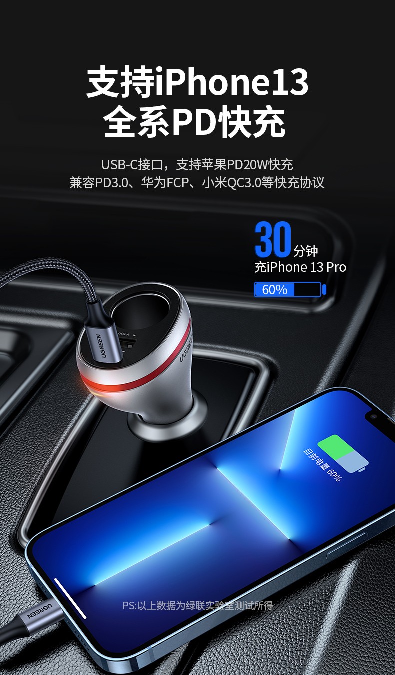 绿联车载充电器苹果PD20W快充汽车点烟器电源转换分线器一拖三车型通用iPhone华为小米 苹果安卓同快充60712