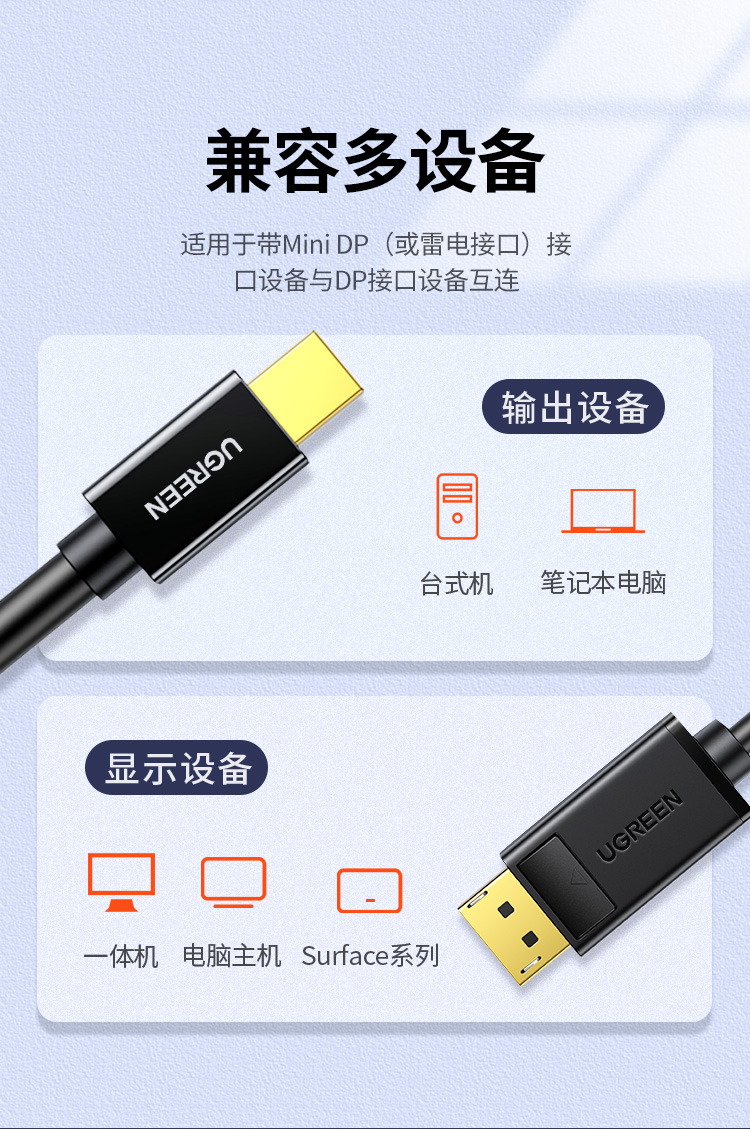 绿联MD105 Mini DP转DP线 4K高清黑色1.5M(10477)