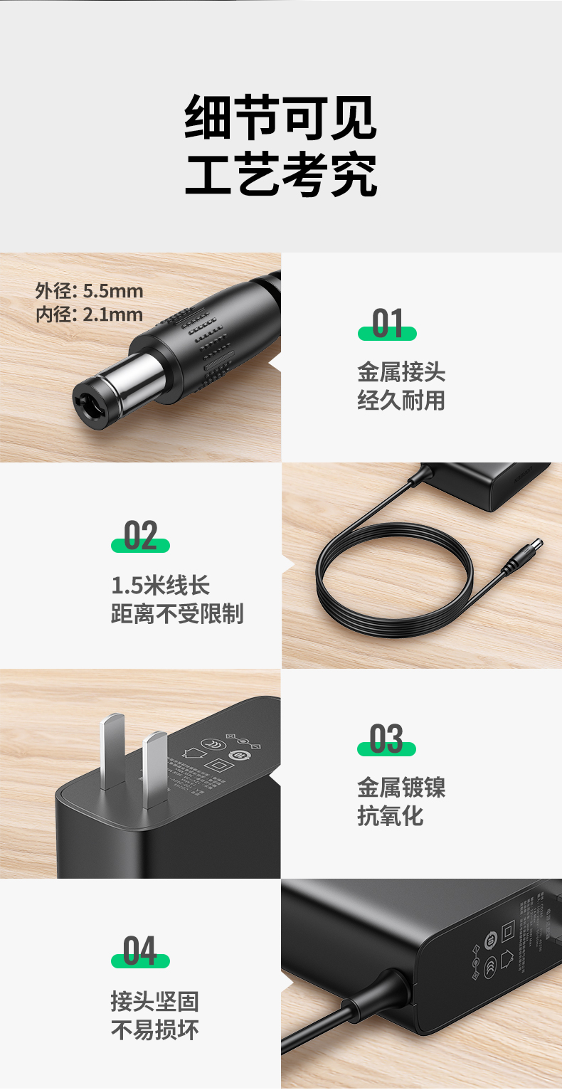 绿联（UGREEN）12V3A电源适配器 DC多功能充电器 显示器电源线  黑 CD265 40250