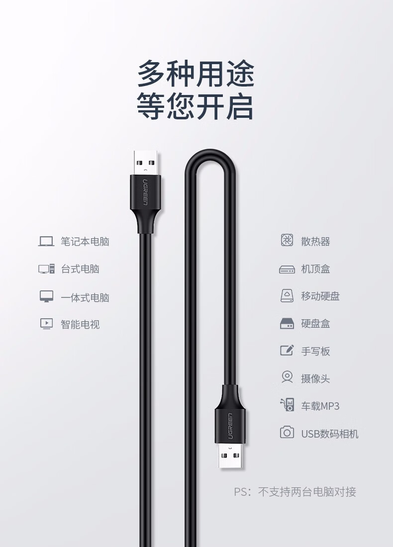 绿联两条装 USB数据线公对公 双头移动硬盘盒连接线 电脑散热器电视机顶盒刷机对接线 -黑色 3米 30136