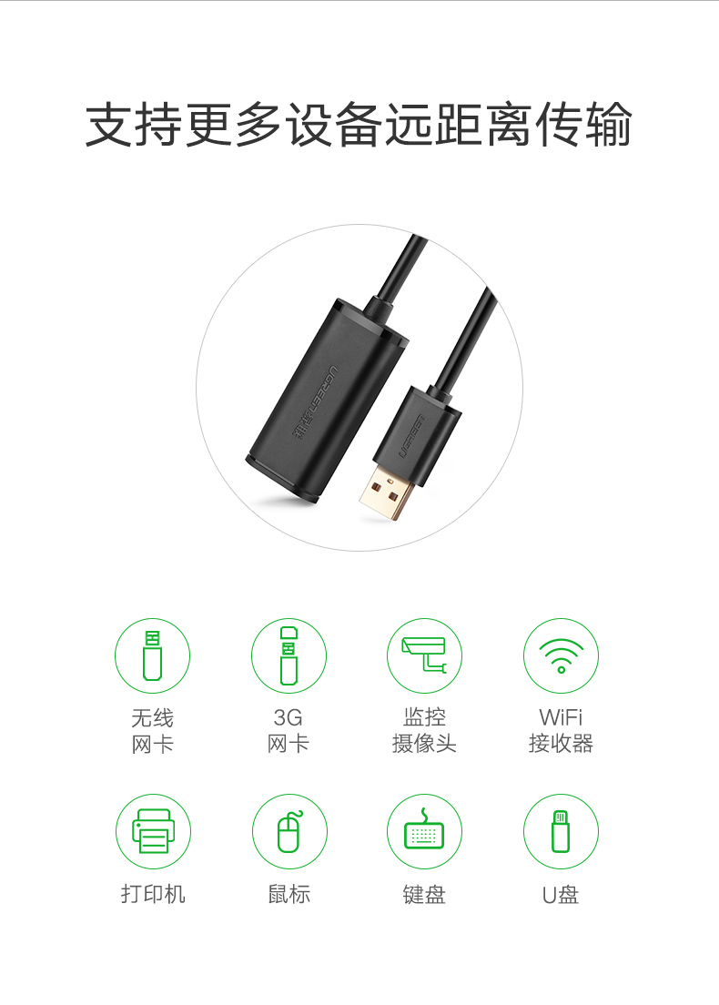 绿联 USB2.0延长线公对母数据线 带信号放大器高速远距离传输 电脑鼠标键盘无线网卡打印机加长线 5米 10319