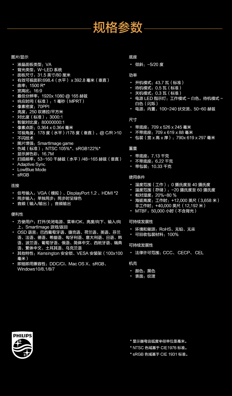飞利浦显示器 31.5英寸1500R曲面 游戏电竞吃鸡1ms毫秒165Hz高刷新率电脑高清显示屏幕 322M8CZ