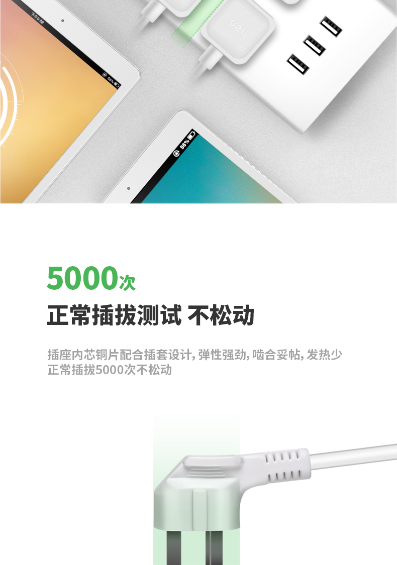 得力（deli）USB智能插座 插排/插线板/接线板/排插/拖线板 3USB接口+6孔 总控3米 18284-03