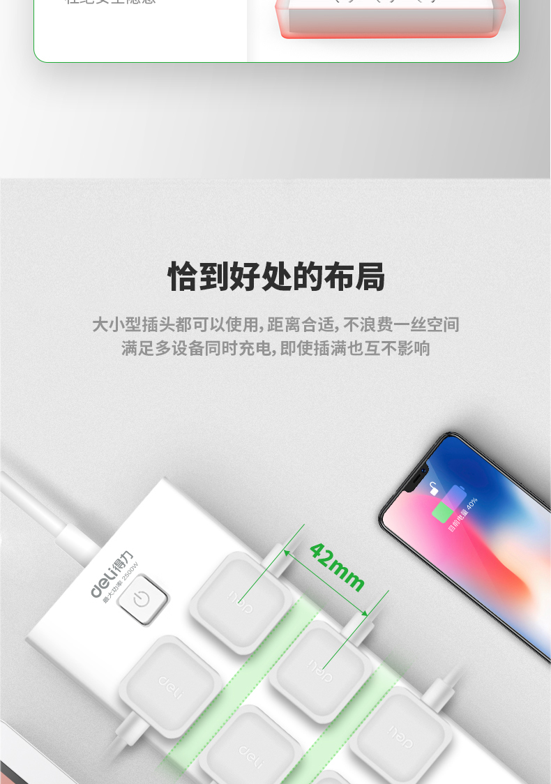 得力（deli）USB智能插座 插排/插线板/接线板/排插/拖线板 3USB接口+6孔 总控3米 18284-03