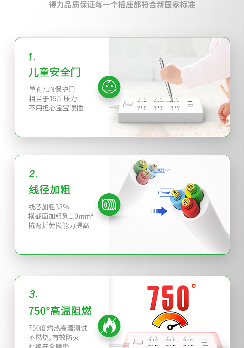 得力（deli）USB智能插座 插排/插线板/接线板/排插/拖线板 3USB接口+6孔 总控3米 18284-03