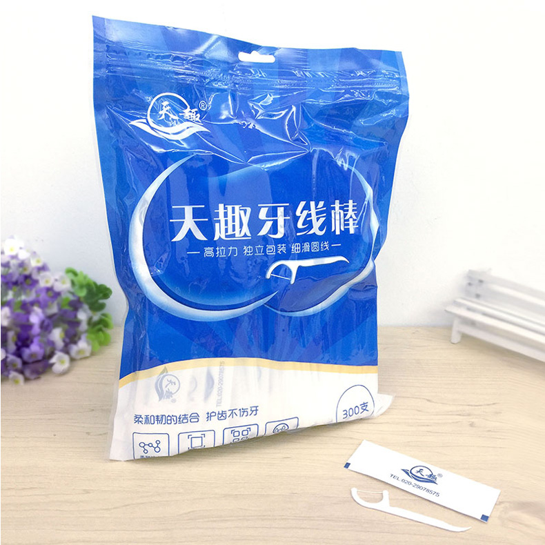 天趣牙线棒独立包装/小盒装家用牙线签纤细圆线高拉力弓形牙线牙签 300支 独立包装300支*1袋