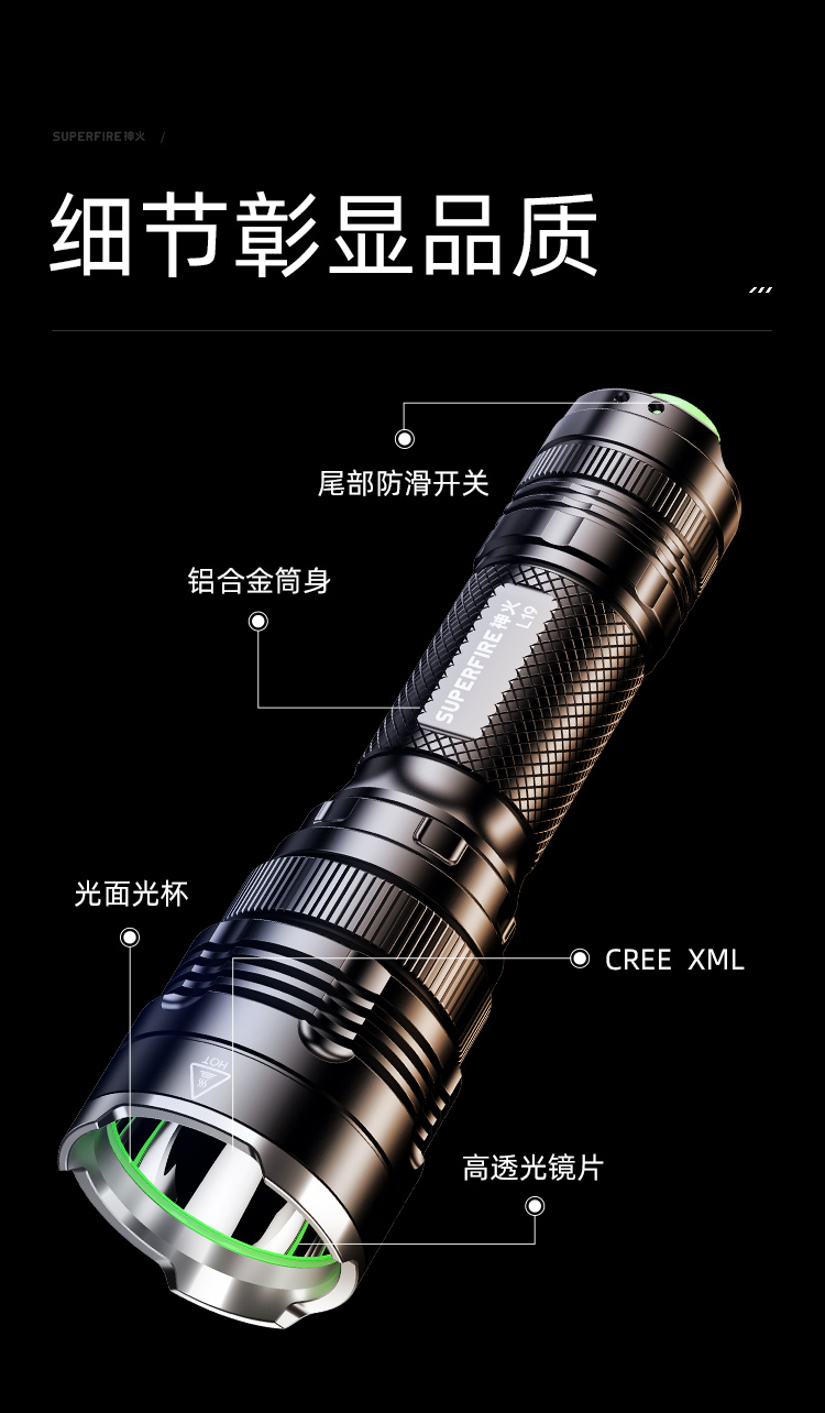神火（supfire）L19强光可充电防水超亮26650大容量远射户外手电筒LED钓鱼灯手电