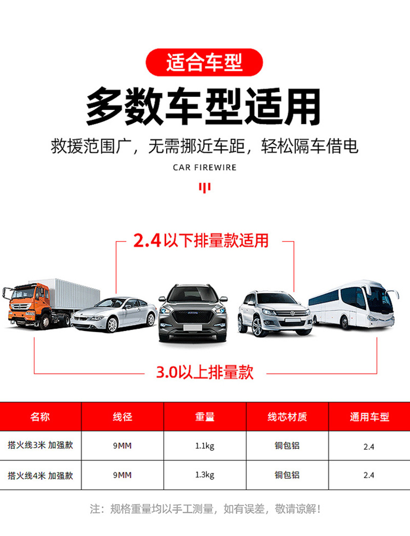 火焰战士 汽车电瓶线搭火线 电瓶搭电打火线连接线过江龙夹子 轿车SUV用对火帮电线搭电线 3米 FF-DHX03