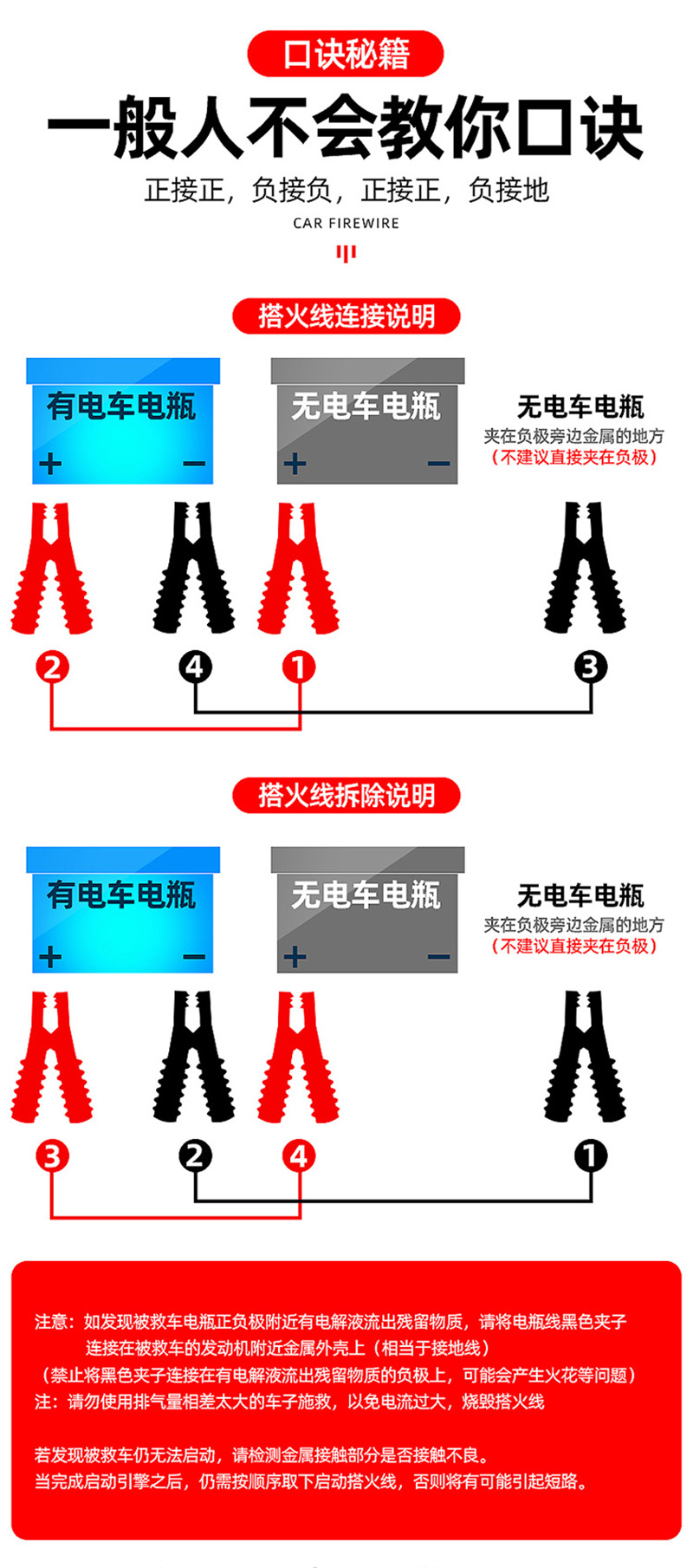 火焰战士 汽车电瓶线搭火线 电瓶搭电打火线连接线过江龙夹子 轿车SUV用对火帮电线搭电线 3米 FF-DHX03