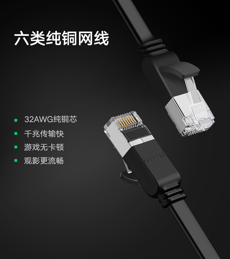 绿联（UGREEN）六类网线 纯铜CAT6类千兆网络连接线 电脑宽带家用非屏蔽扁平跳线成品网线 扁线黑10米 50189