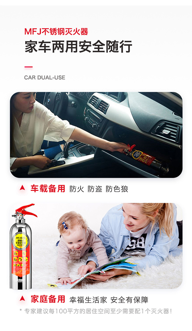 火焰战士 灭火器车载家庭汽车用干粉灭火器 便携小型消防器材灭火器 MFJ520 不锈钢款