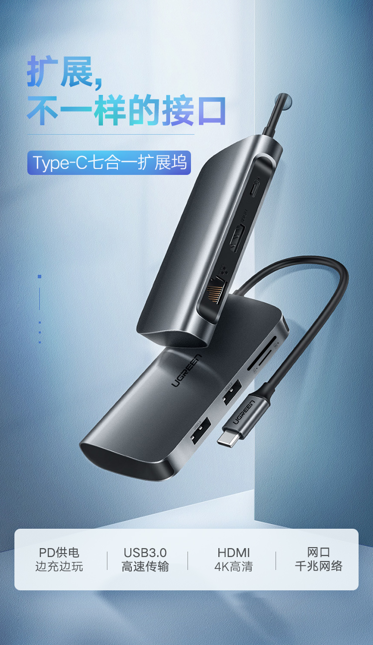 绿联（UGREEN）Type-C扩展坞USB-C转HDMI转换器 网口转接头4K投屏读卡拓展坞 HDMI款 CM212 50852