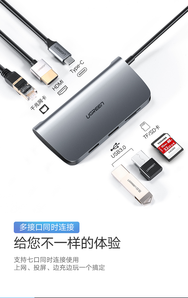 绿联（UGREEN）Type-C扩展坞USB-C转HDMI转换器 网口转接头4K投屏读卡拓展坞 HDMI款 CM212 50852