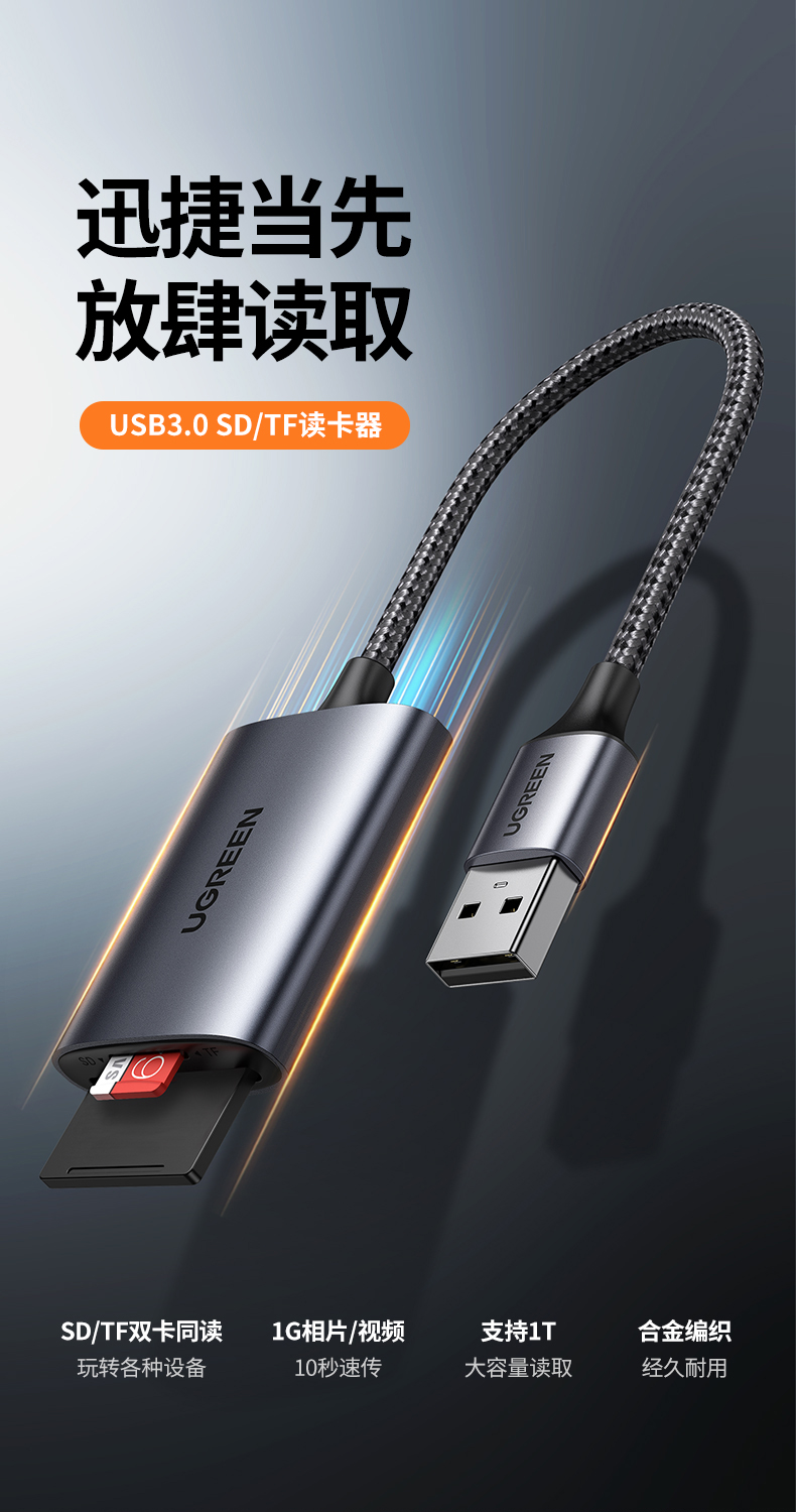 绿联（UGREEN）USB3.0高速读卡器 SD/TF卡多合一读卡器  双卡双读  CM401 80887