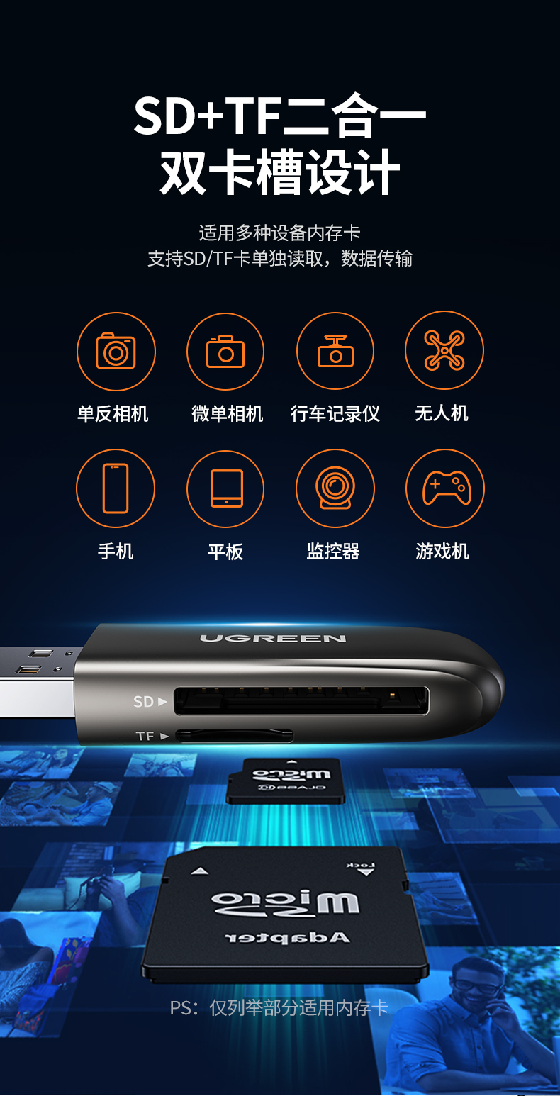 绿联（UGREEN）USB3.0高速读卡器 锌合金多功能二合一读卡器  双卡单读 CM406 80552