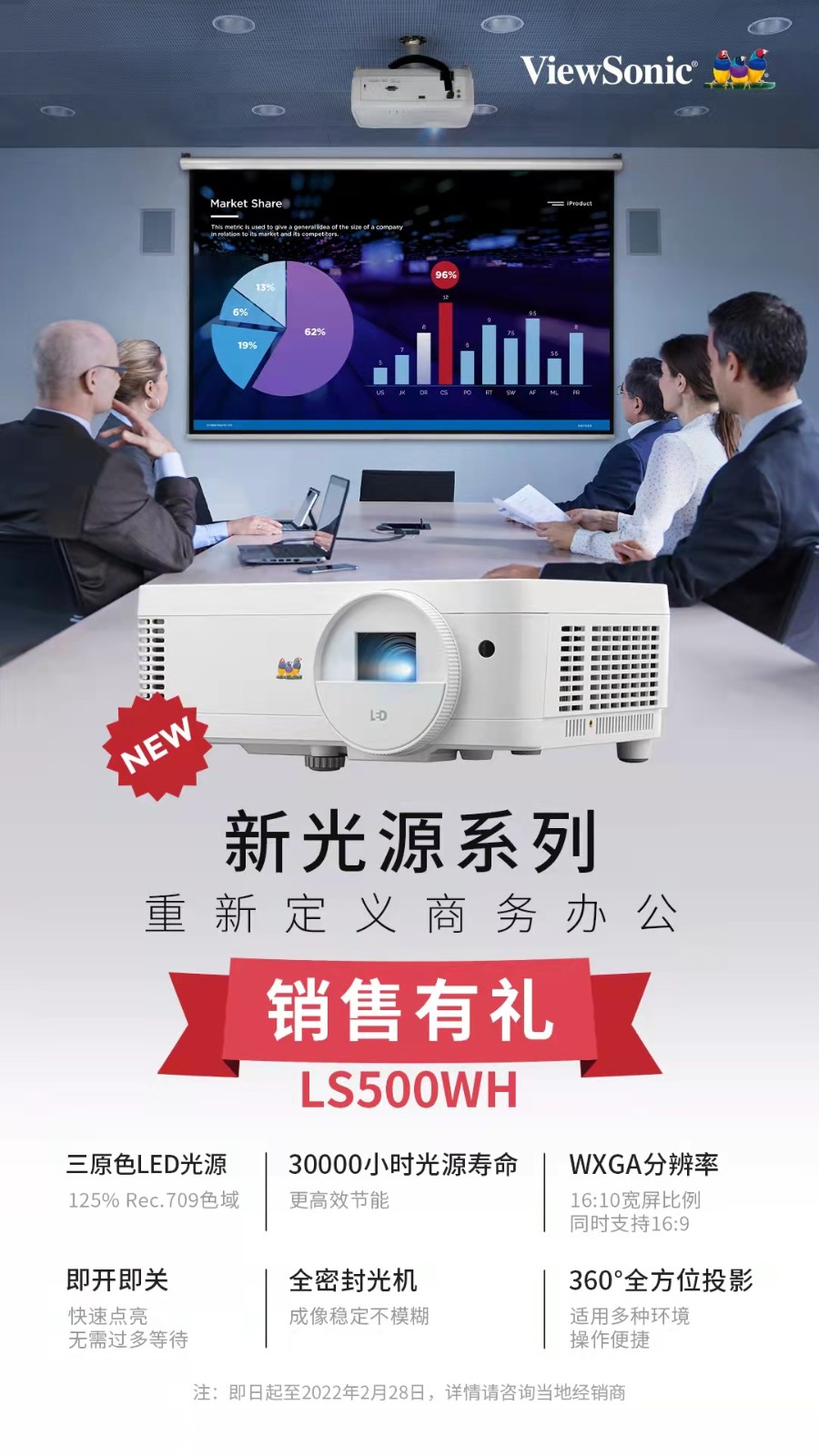 优派LS500WH 高亮商务新光源投影仪 办公 会议室用 桌面挂式投影机