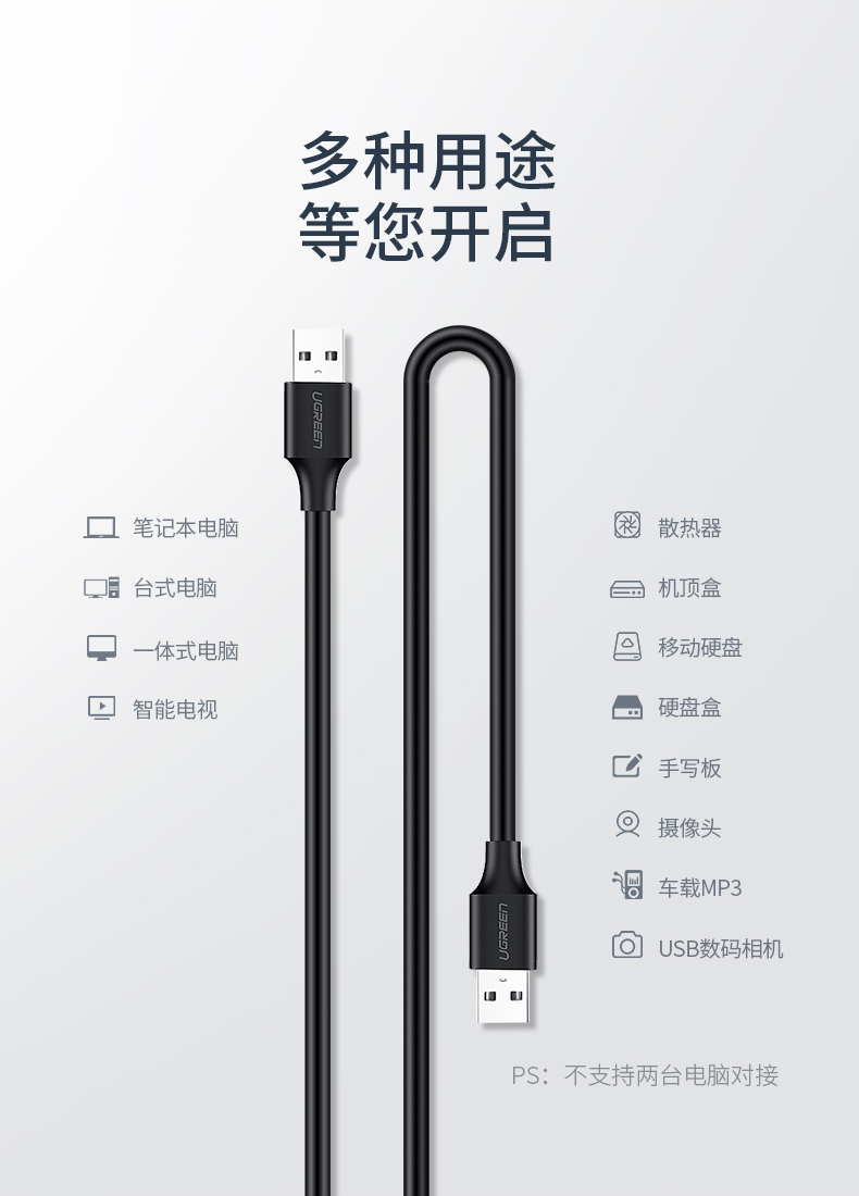 绿联（UGREEN）USB2.0数据线公对公 笔记本接散热器工业机顶盒 3米 黑 30136