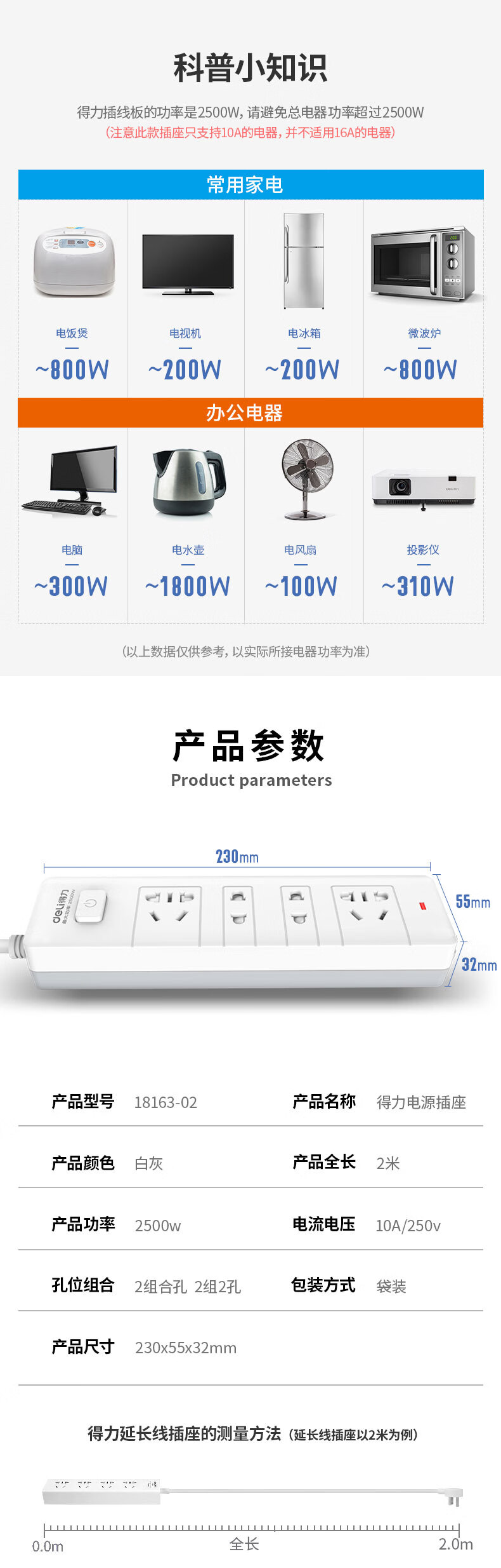 得力（deli） 新国标 插排 插座 接线板 安全门保护插排 办公用品  18168-03白