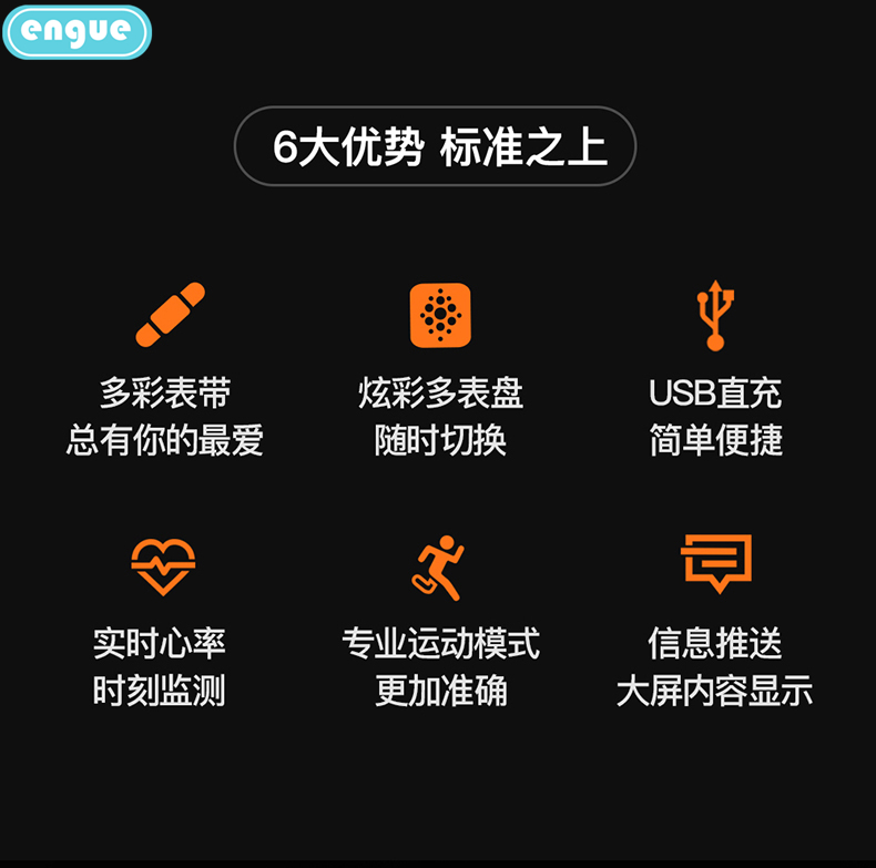 engue恩谷 智能心率手环 时间日期显示记步距离卡路里记录心率监测睡眠质量监测运动手环 EG-T3S