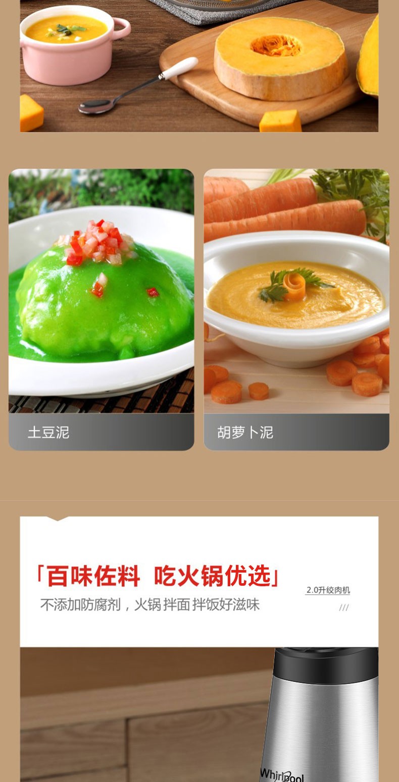 惠而浦（whirlpool） 绞肉机家用多功能料理机绞肉机搅蒜机绞肉沫 WMG-MS202G 不锈钢色