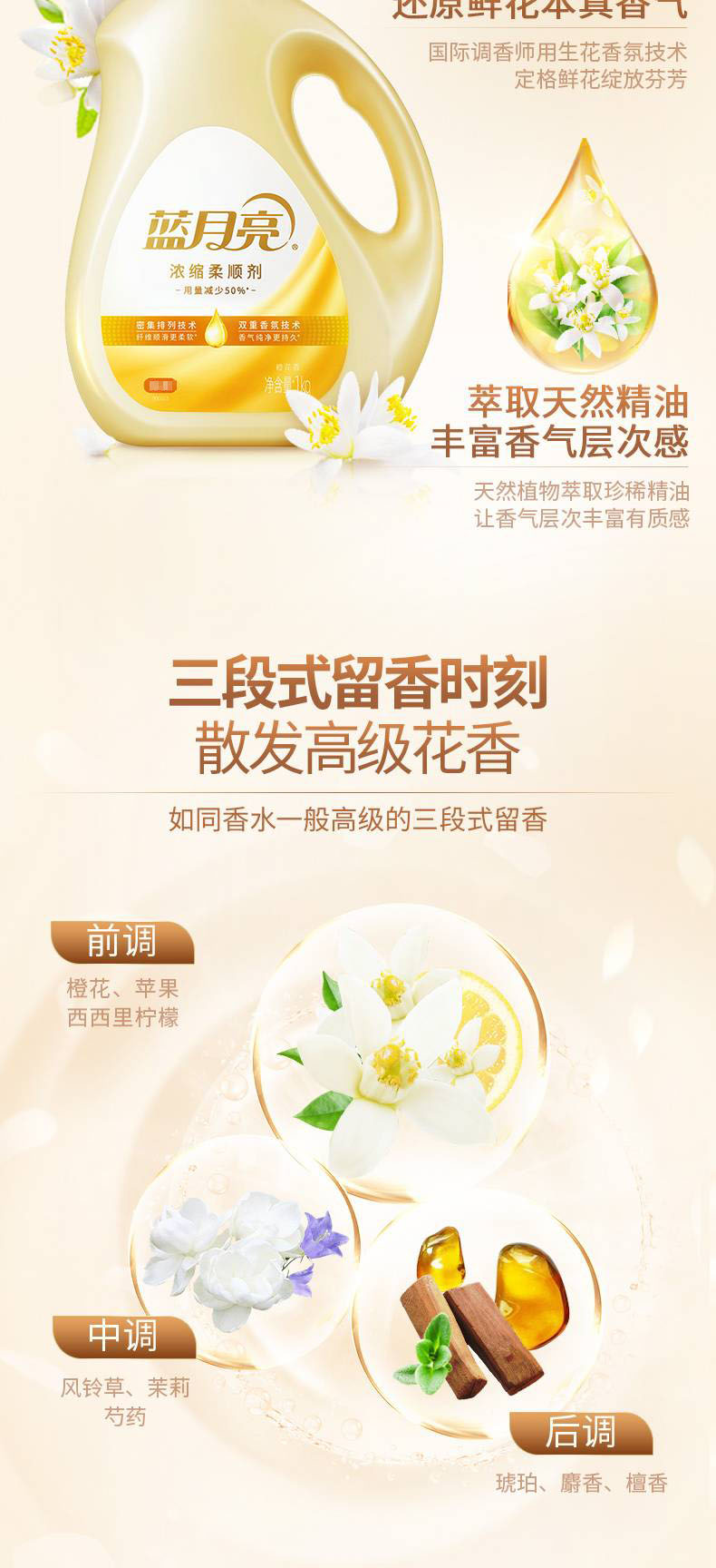 蓝月亮橙花香浓缩柔顺剂1kg 缓释香氛 柔软防静电