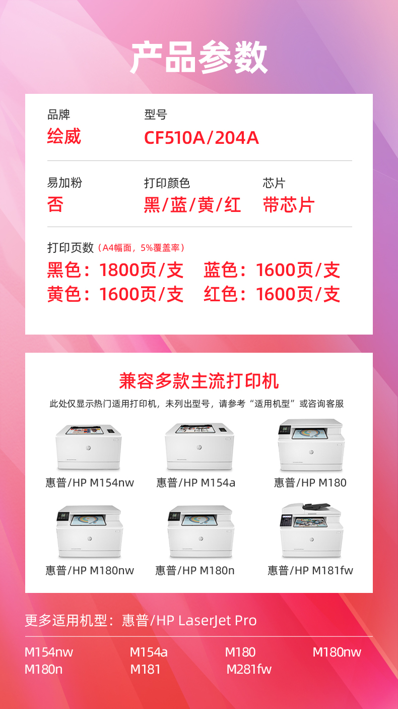 绘威 CF511A 204A硒鼓 蓝色 适用惠普/HP M154nw M154a M180 M180nw M180n M181 M181fw打印机 1支装