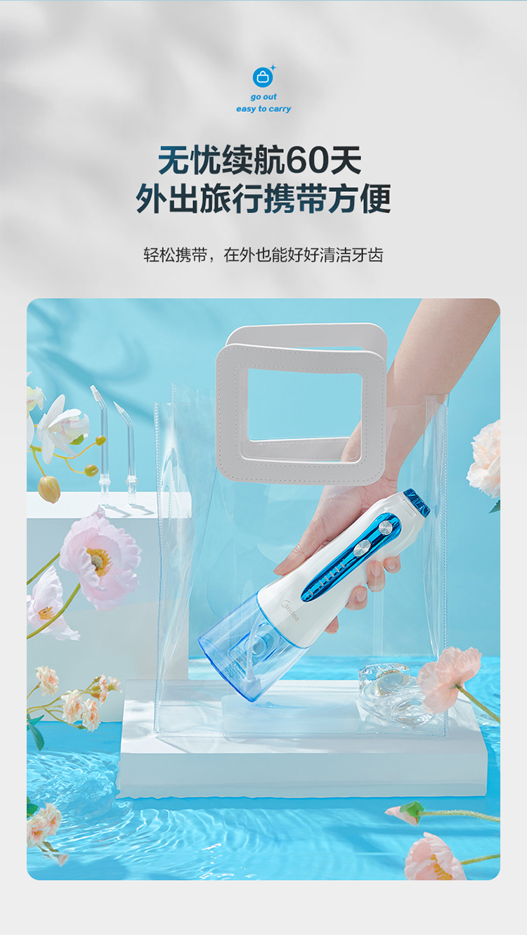 美的（Midea）冲牙器洗牙器水牙线洗牙神器洁牙器 小蓝鲸便携式电动正畸冲牙器家用 MC-BJ0101