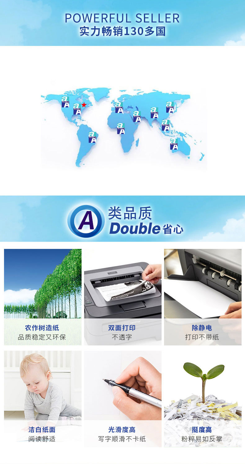 Double A 70g A4 复印纸500张/包电脑打印纸 进口复印纸 5包/箱（2500张）
