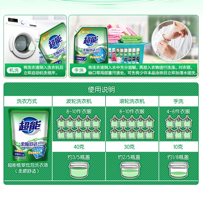 超能洗衣液9斤组合（1kg洁净柔护洗衣液+500g*7袋植翠低泡洗衣液(柔顺舒适)）