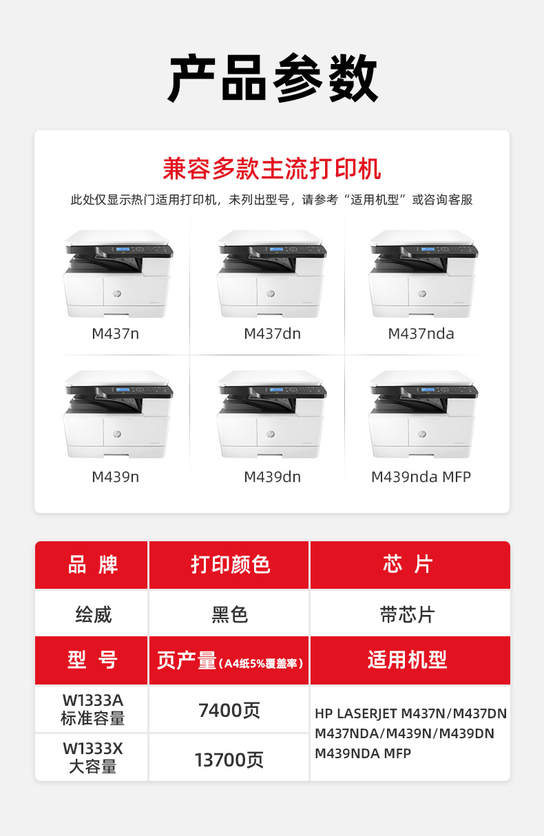 绘威 W1333A粉盒 黑色带芯片 适用惠普/HP M437n M437dn M437nda M439n M439dn M439nda MFP Prntr 1支装