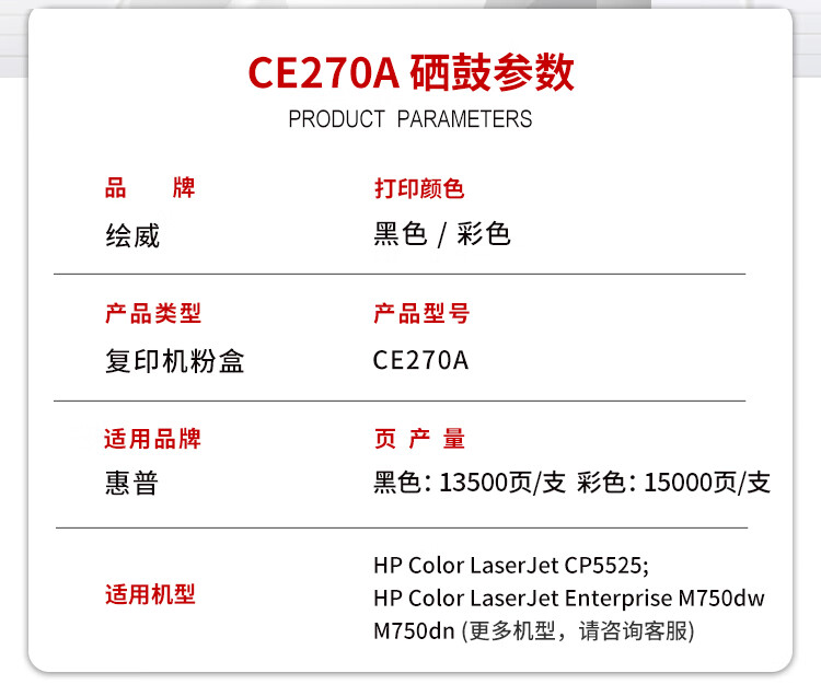 绘威 CE270A 650A硒鼓 黑色 适用惠普/HP CP5525 M750dw M750dn 1支装