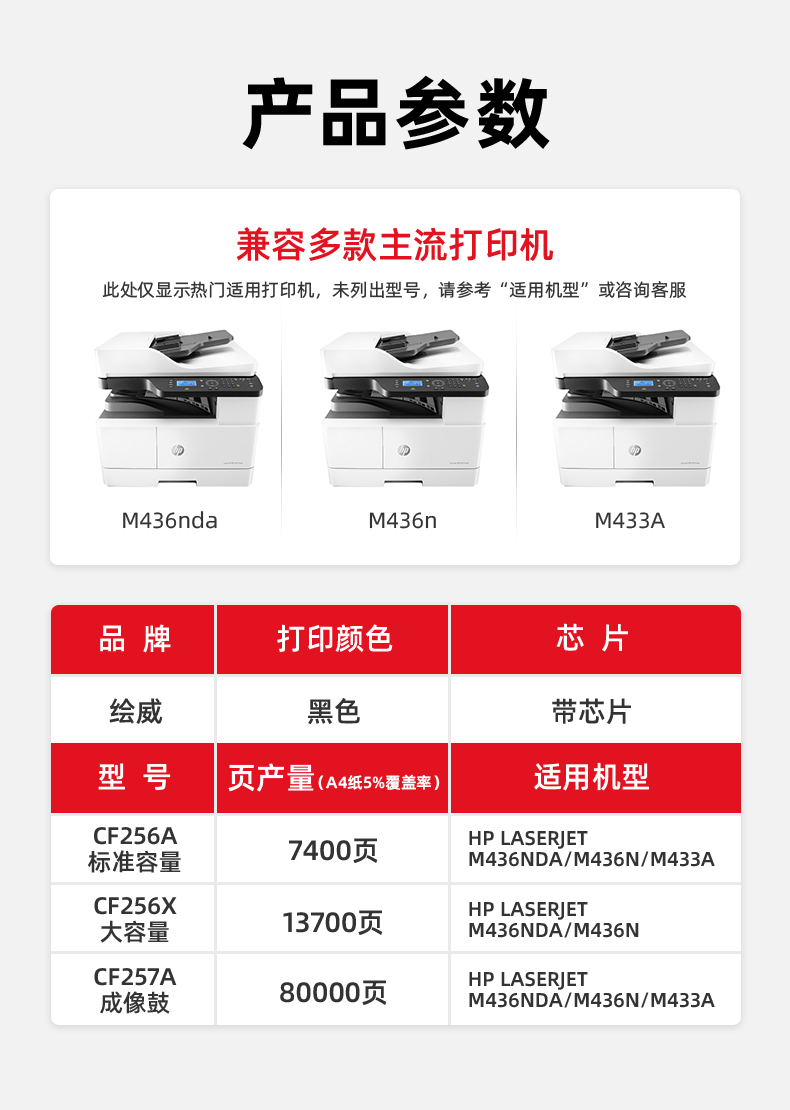绘威 CF256A粉盒 黑色 适用惠普/HP LaserJet MFP M436nda M436n M436dn M433a 1支装
