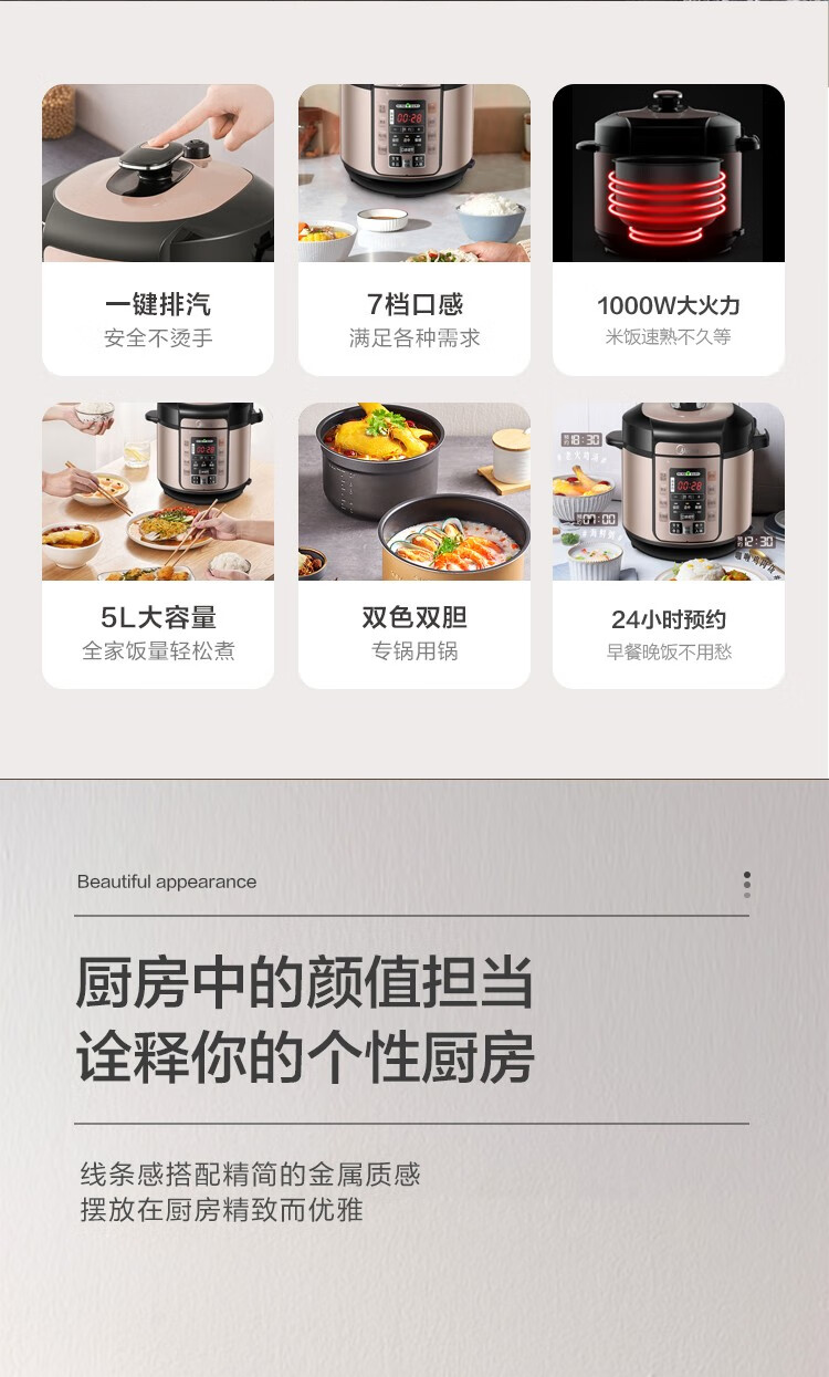 美的（Midea）电压力锅大容量双胆高压锅饭煲饭锅家用3-10人 双胆5L大容量丨MY-YL50M3-752（MY-YL50M132）