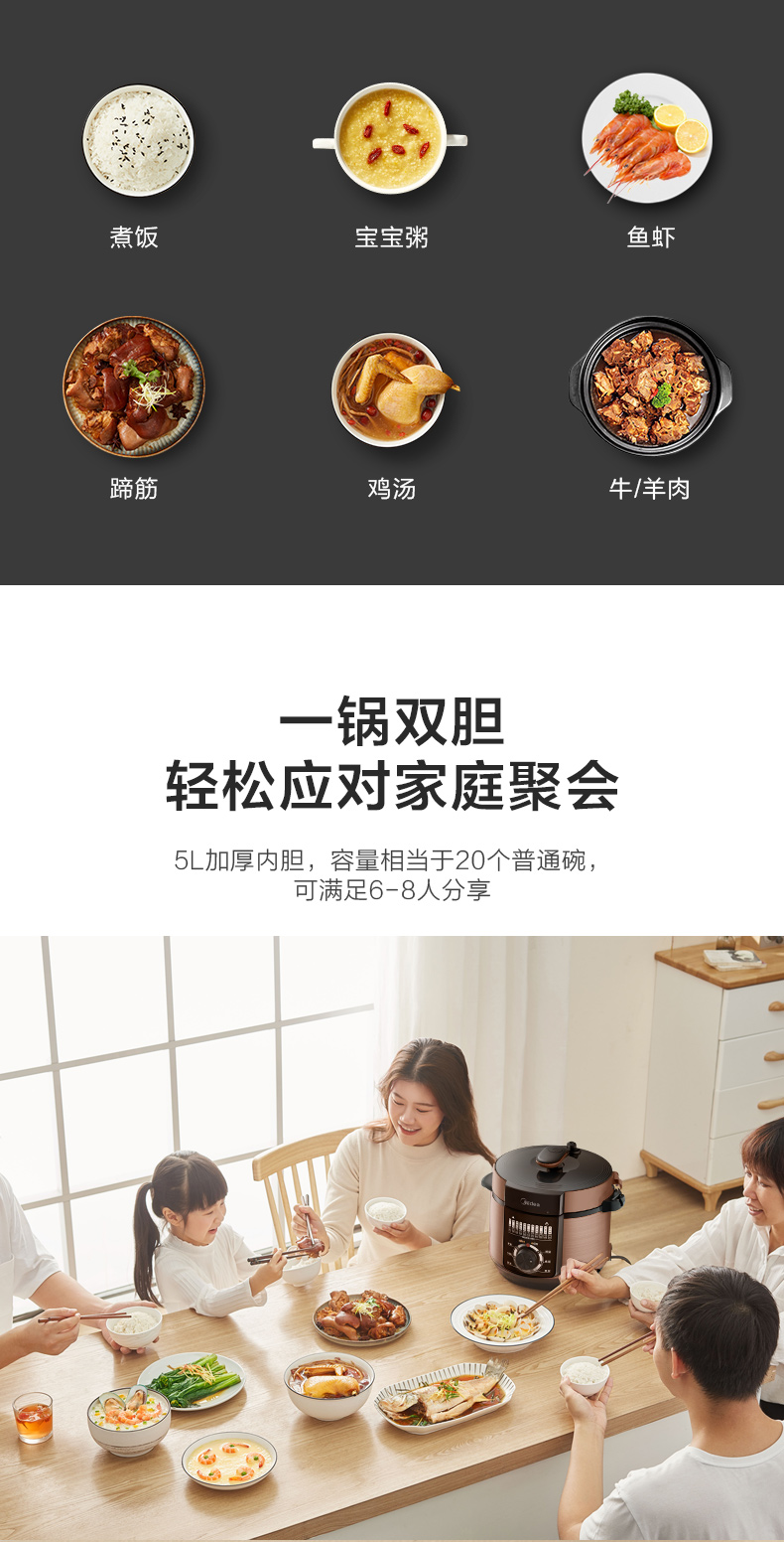 美的（Midea）电压力锅家用5L双胆大容量电压力煲智能电高压锅 MY-YL50M132 企业采购