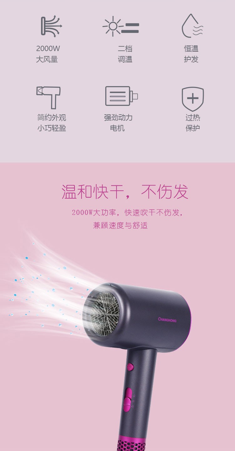 长虹（CHANGHONG）电吹风套装 气垫梳+电吹风 家用机身2000W大功率 两档风速温度调节 DCF-20A18 紫色