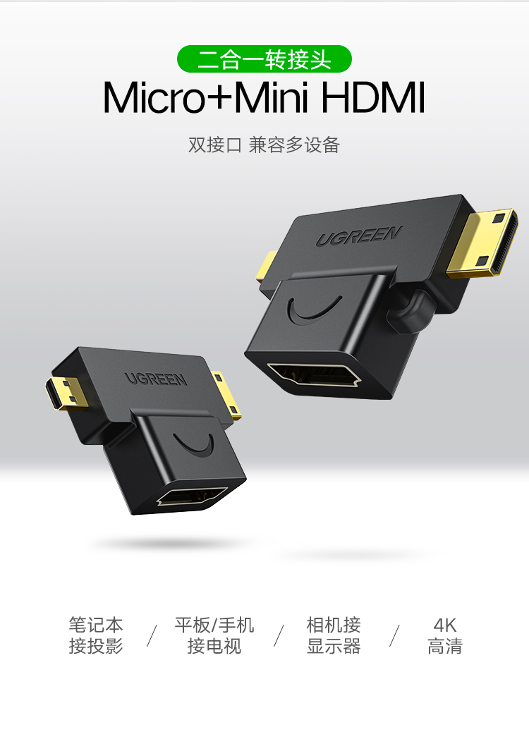 绿联（UGREEN）HDMI转接头三合一 Mini HDMI/Micro HDMI转标准HDMI高清线转换头 两个装 20144