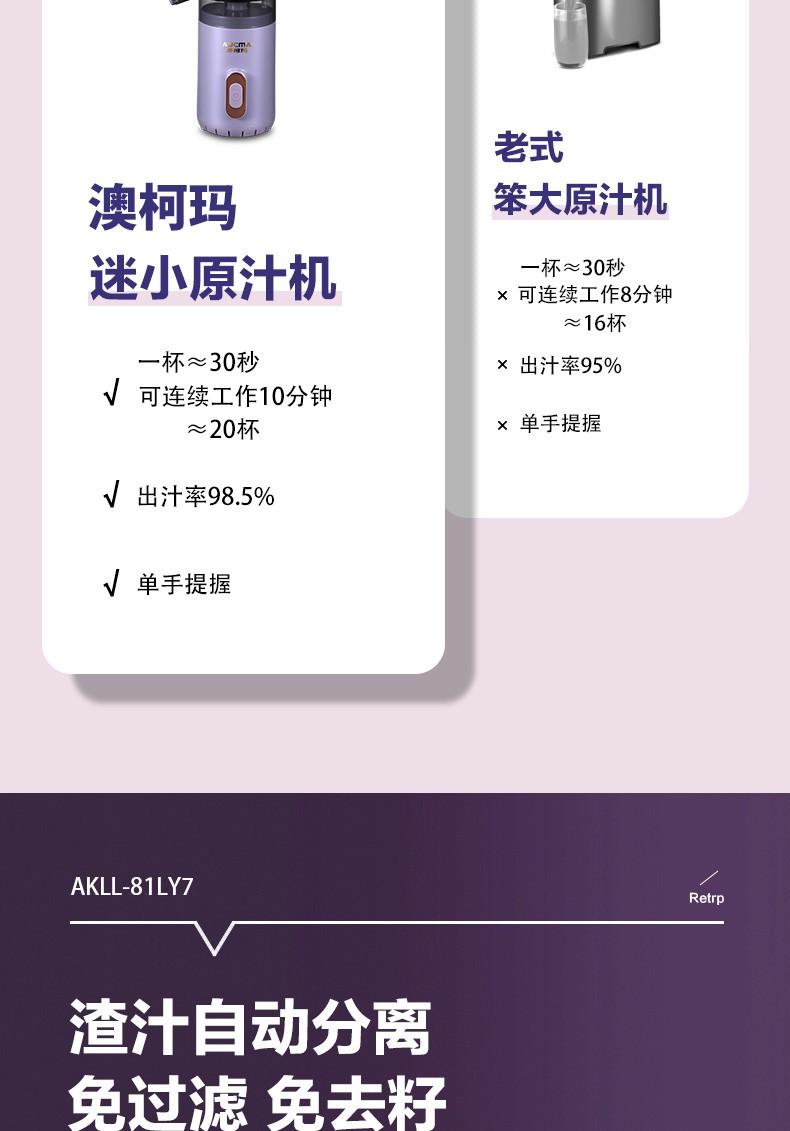 澳柯玛（AUCMA）迷你原汁料理机 螺旋挤压出汁 迷你便携 AKLL-81LY7