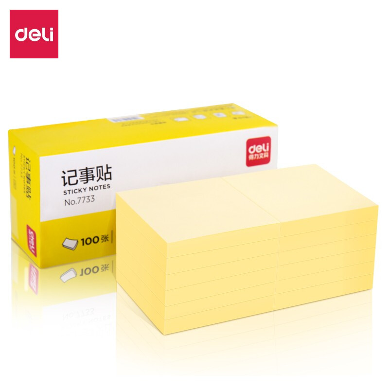 得力（deli）便签纸强黏性标签纸便利贴记事贴76*76mm(淡黄)办公用品 12包装 7733
