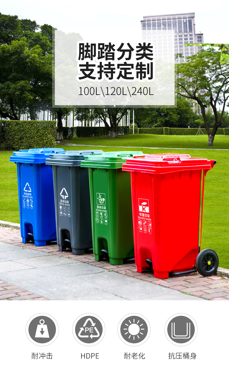 兰诗 LJT2214 红色分类脚踏120L垃圾桶 大号垃圾桶（有害垃圾）2个装