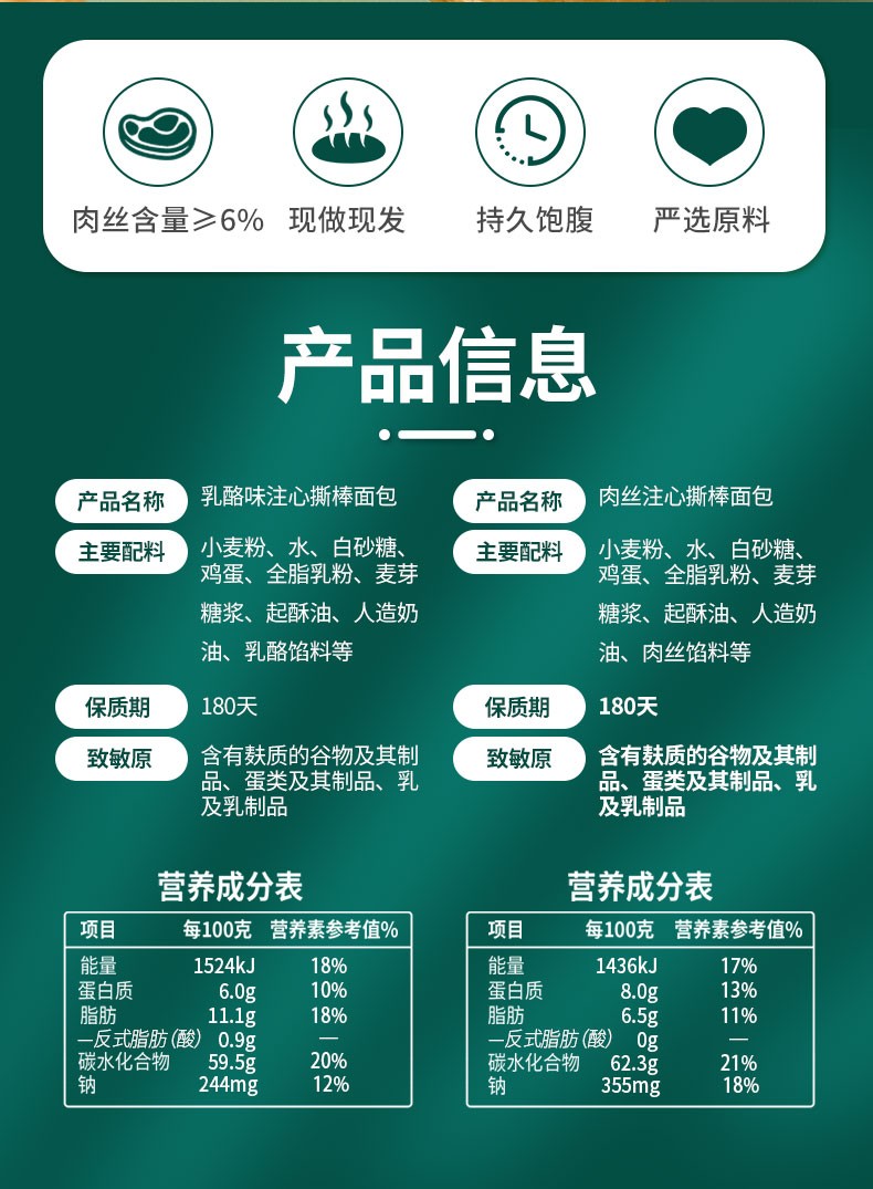 乐锦记夹心小面包办公室营养早餐休闲点心零食乳酪注心撕棒肉丝味700g